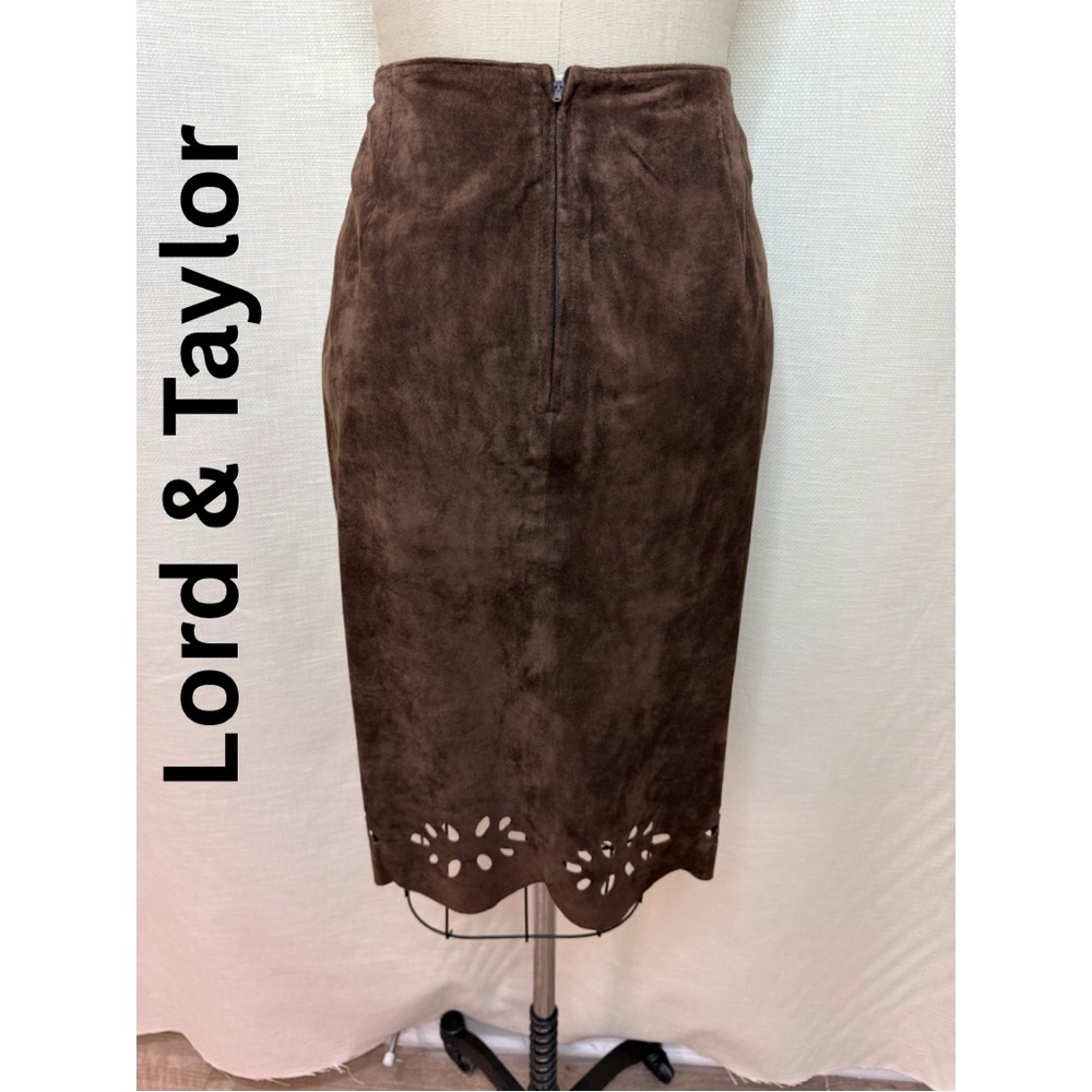 NWT Lord & Taylor Brown Suede Midi Skirt Size 10 Floral Cutout Hem Zip Boho